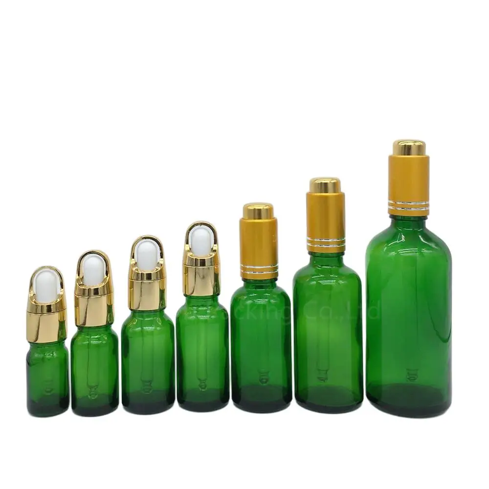 10 Uds 5ml,10ml,15ml,20ml,30ML,50ml,100ml reactivo cuentagotas botella de aceite esencial gotero de prensa dorada botella de Perfume de vidrio verde