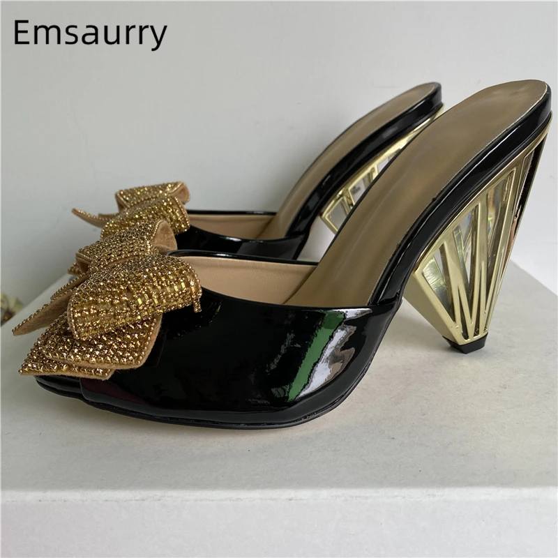 Jeweled Butterfly-Knot Slingbacks Mules Summer Unique Spike Heel Patent Leather Slim Modern Sandals Women