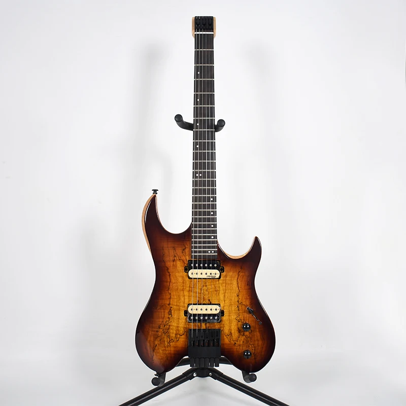 ZLG 6 string headless guitar Brown burst color Spalted maple top Ash body 5 pieces neck Fast shipping