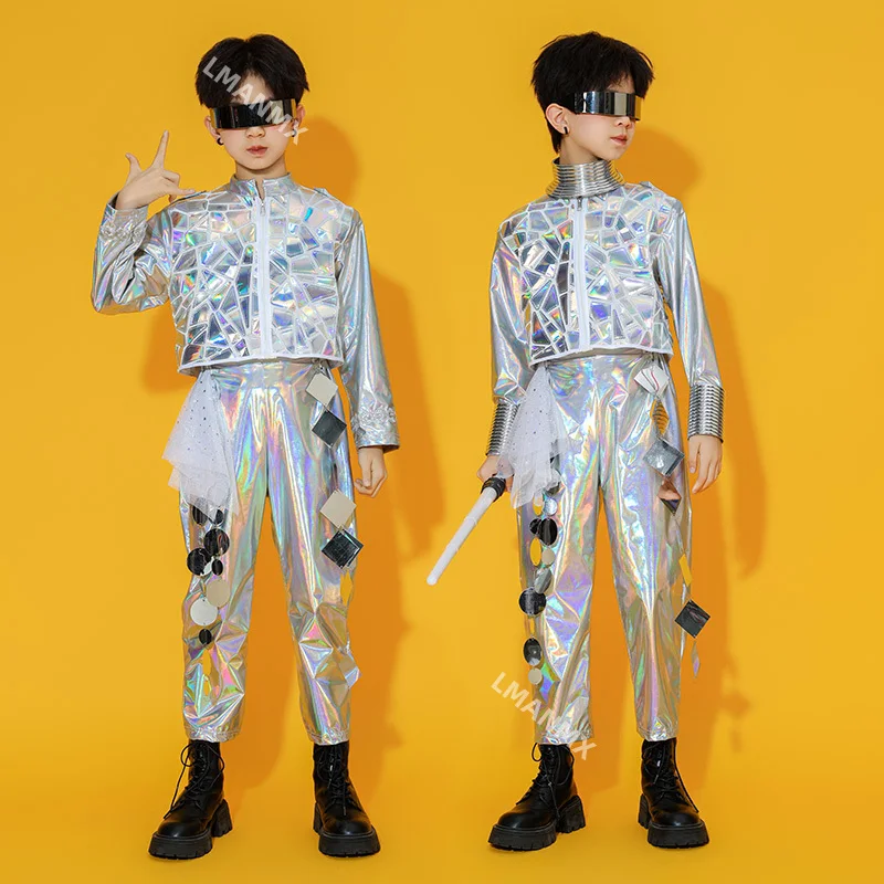 بدلة ليزر فضائية للأطفال، مجموعة رقص روبوتية، أزياء أداء عصرية للرجال والنساء باللون الفضي #3