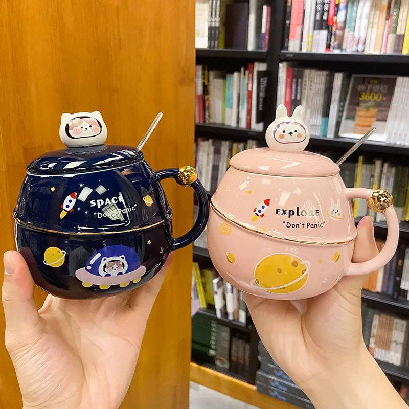 Starry Sky Bunny Big Belly Mark Cup Creative Cute Spoon with Lid Couple Coffee Mug Activity Gift Ceramic Couples Drinkware