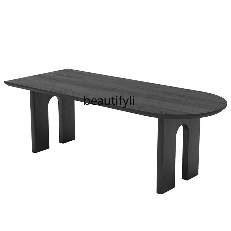 

Solid Wood Dining Table Black Rectangular Log Light Luxury Chinese Small Apartment Home Half Arc Long Table