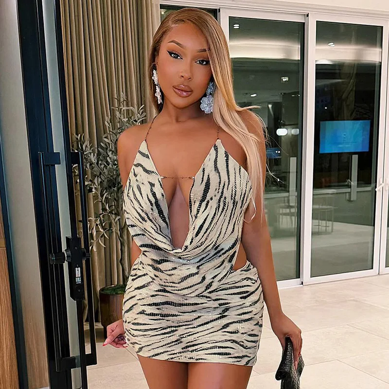 Zebra Striped Sexy Sequins 2 Piece Set Women Summer Swing Collar Backless Y2K Crop Top Mini Skirt Bodycon Matching Sets Outfit