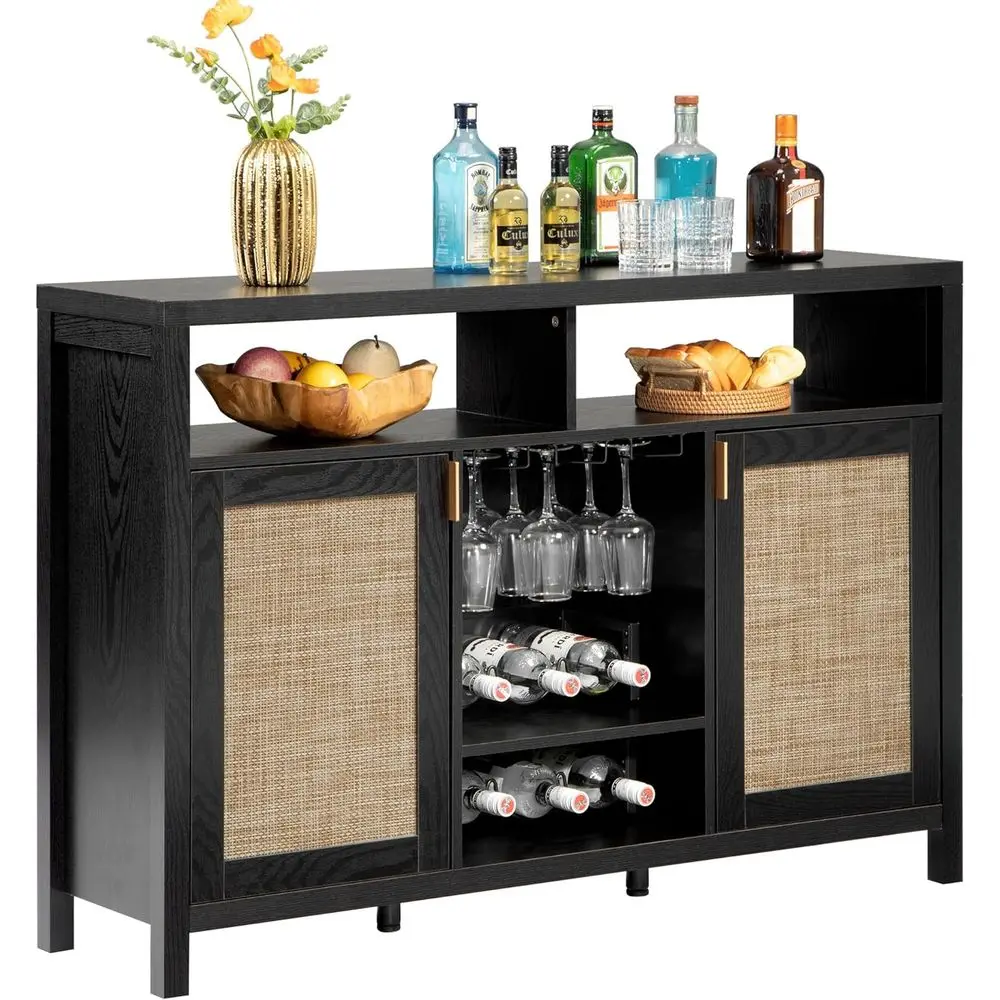 

Modern 51 Black Oak Buffet Cabinet with Wine Racks and Storage for Dining Room