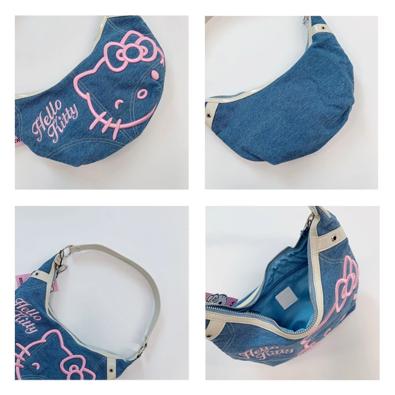 Sanrio Hello Kitty Crescent Bag Cute Shoulder Bag Cartoon Embroidery Print Retro Denim Half Moon Bag Large Capacity Women Gifts