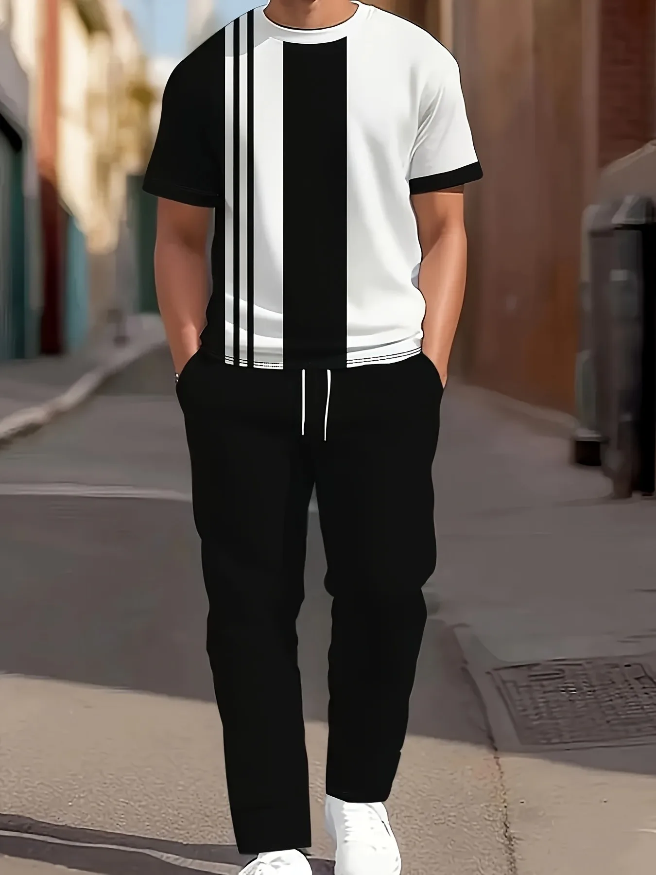2026 Summer New Men's Short-Sleeved Long Pants Set - Street Casual Fashion Comfortable Soft 3D Stripes Pattern Print