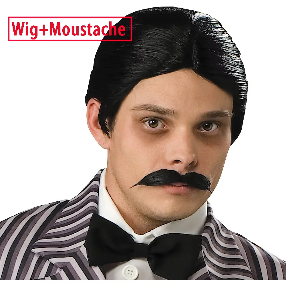 Addams Family Gomez Wigs For Broadway Shows Halloween Cosplay Costume Adult Accessory Vintage Handlebar Moustache Kit For Men