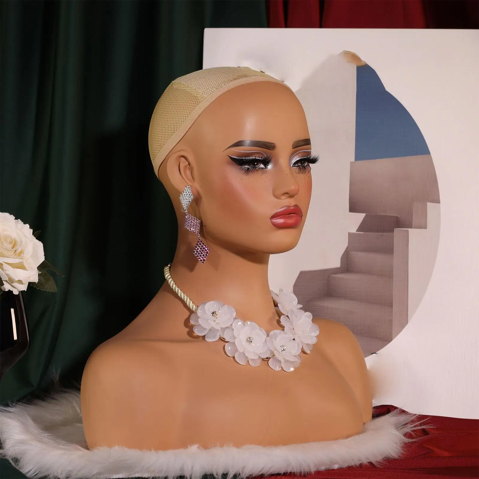 Realistic Female Mannequin Head with Makeup,Professional,Multifunctional,Wig Stand with Shoulder for Necklace Jewelry Display