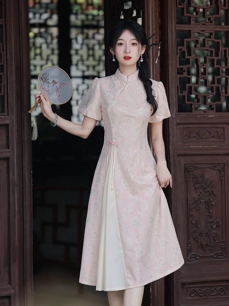 

Жаккардовое платье Cheongsam AUTUMN с улучшенным темпераментом, элегантное платье с короткими рукавами Qipao, новые современные платья в китайском стиле для девочек
