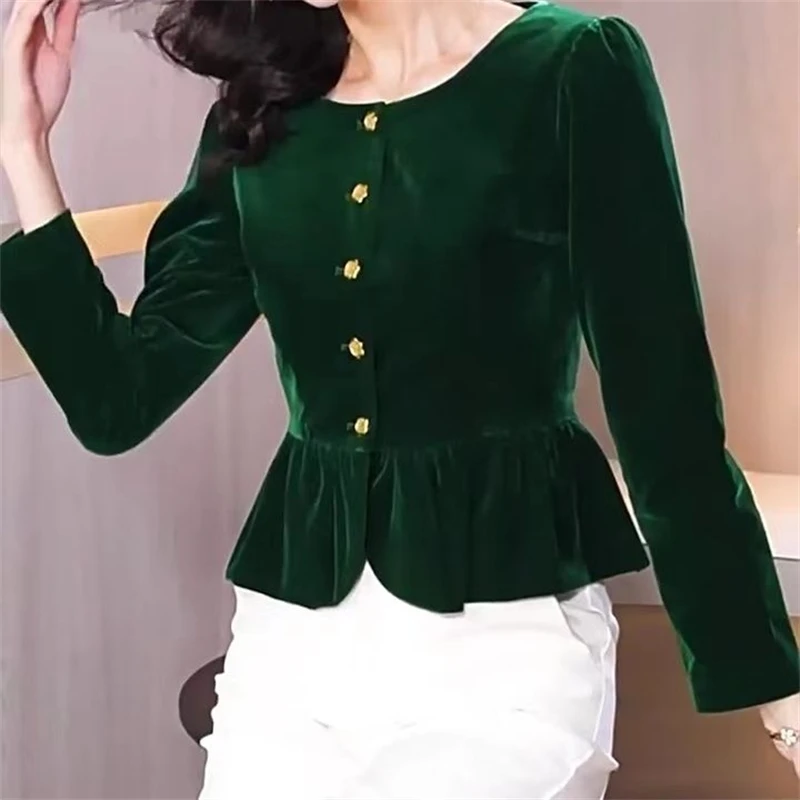 Women Retro High Quality Golden Velvet Elegant Chic Shirts 2023 Autumn Winter Fashion Ruffle Slim Blouses Solid Long Sleeve Tops