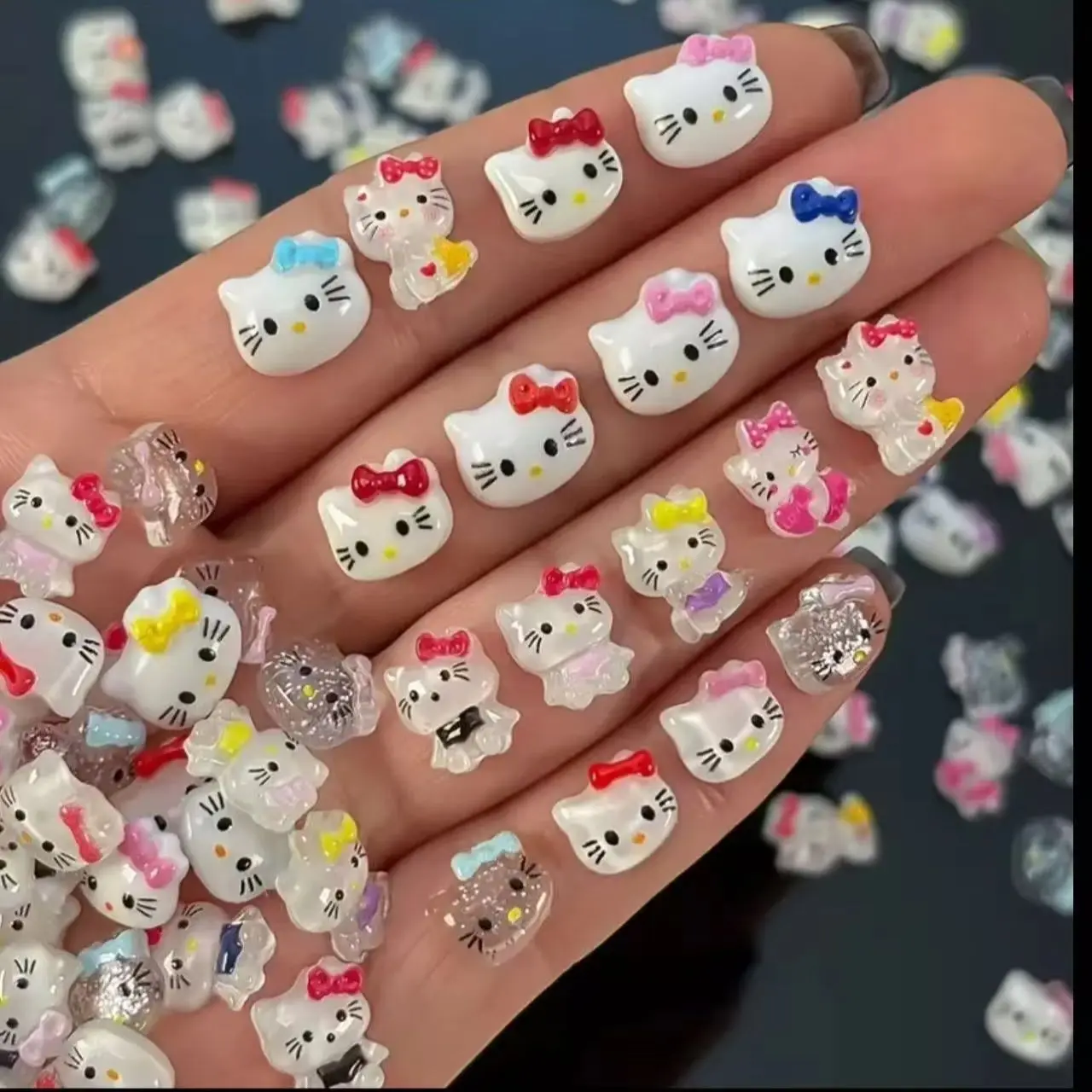 100PCS Hello Kitty 3D Resin Nail Charms Mixed Bow Kawaii Cartoon Cat Nail Art Decor Flat Back DIY Manicure Accessories