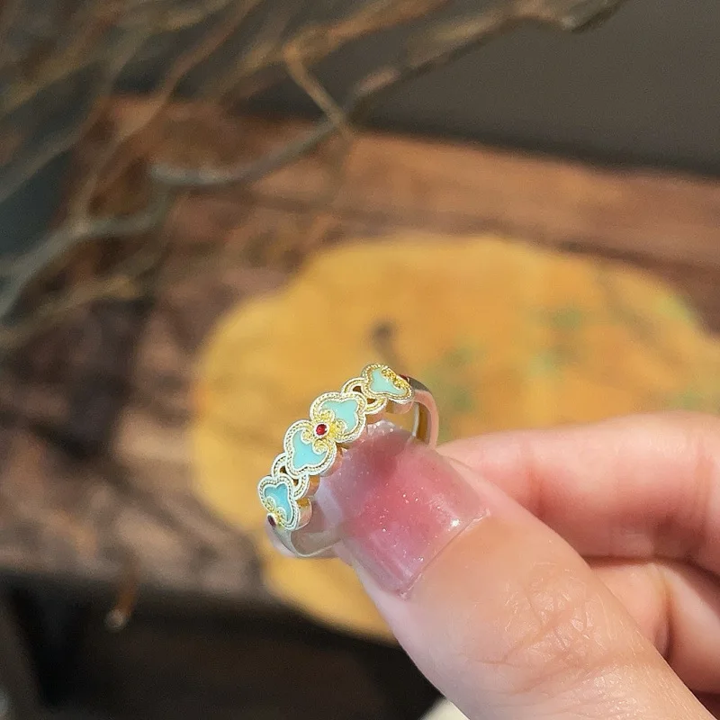 Silver 999.9 Gold-Plated Enamel Ruyi Open Mouth Style Fingertip Ancient Charm Ring