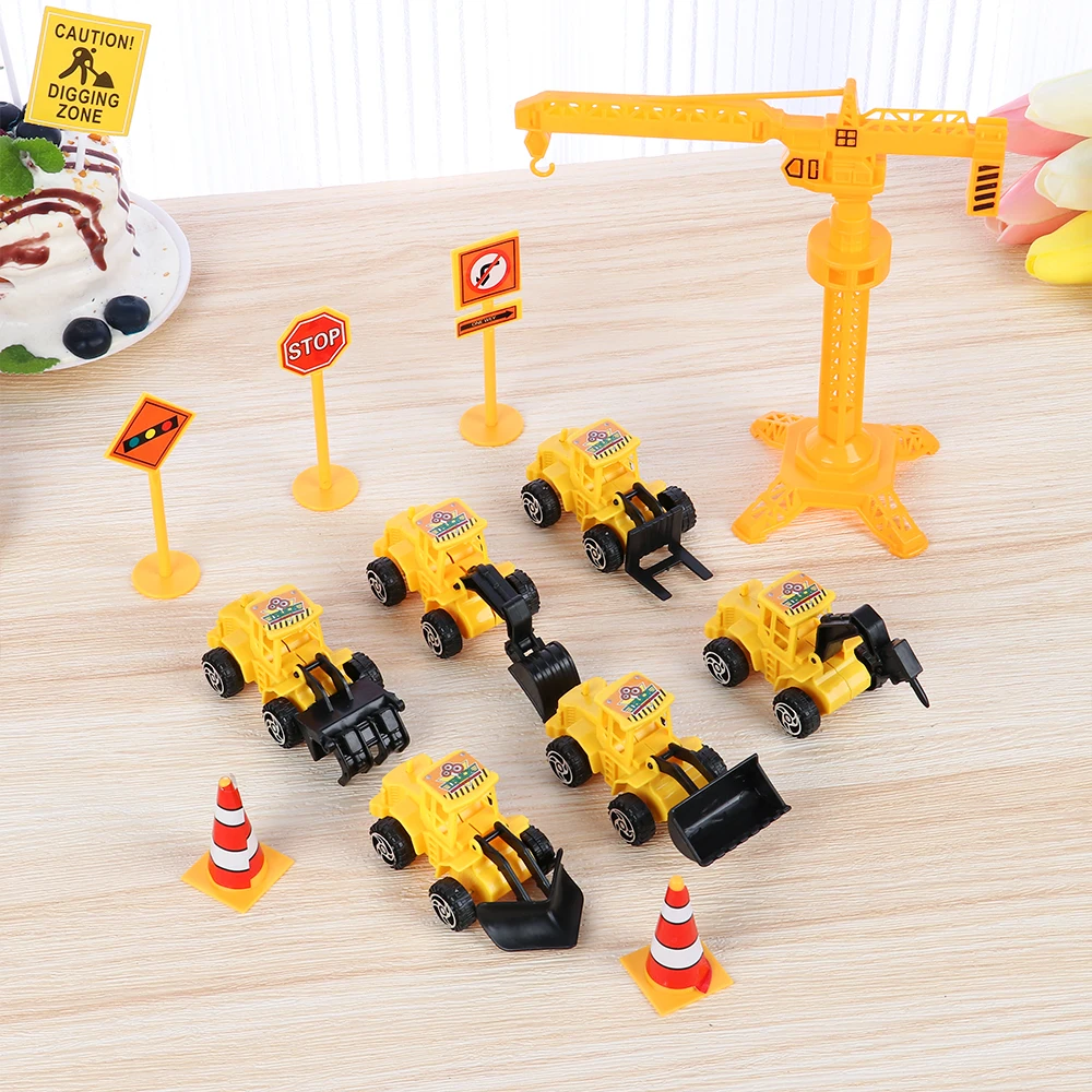 Cute Cake Topper Mini Construction Crane Truck Road Sign Birthday Theme Party Supplies for Kids Boys Cupcake Topper Decoration