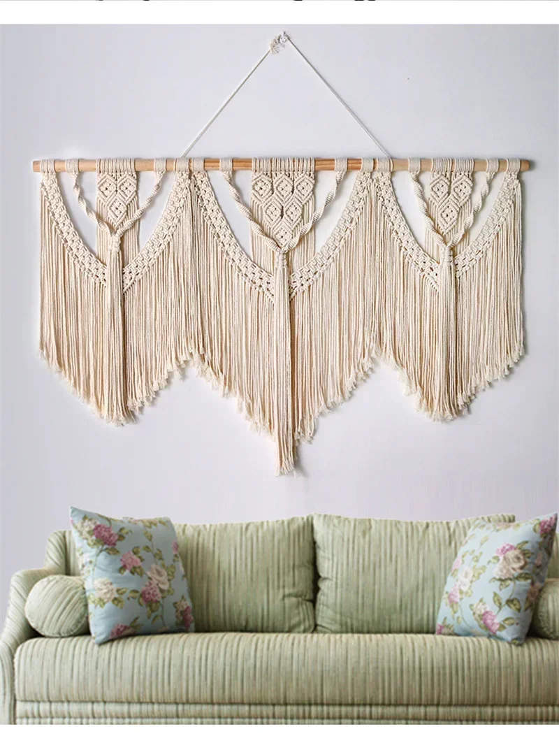 

Large Macrame Wall Hanging Tapestry with Wooden Stick Hand-Woven Bohemia Tassel Curtain Tapestry Wedding Backgrou Boho Decor