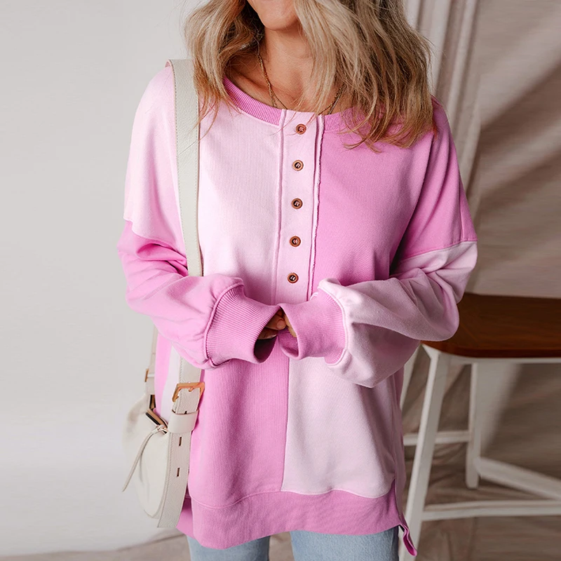 

New Casual Color Blocked Button Pullover Fashion Women O-neck Long Sleeved Loose Sweatshirt Autumn Vintage Commuting Top Blouses