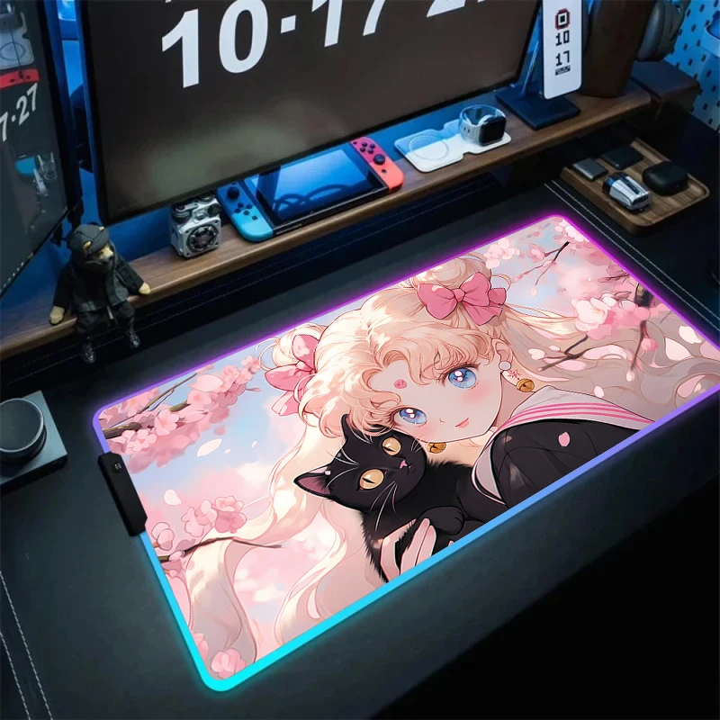 Rgb Pink Mousepad 900x400 Led Lighting Kawaii Office Carpet Xxl Anime Girls Accessories Dask Table Mats HD Print Cute Mouse Pad