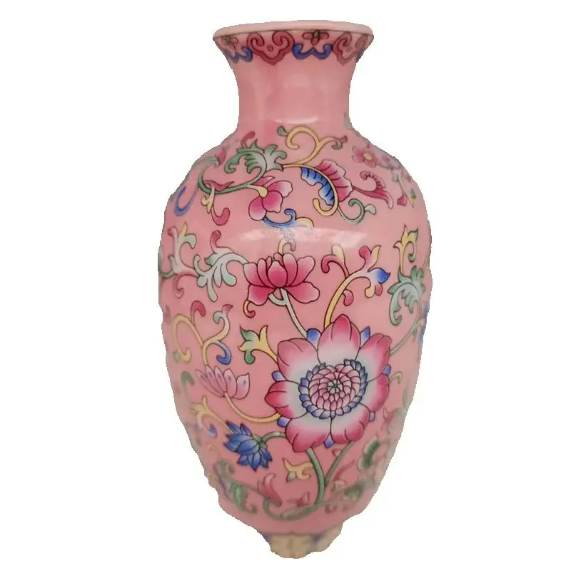Chinese Old Porcelain Vase pink Enamel with Entangled Lotus Pattern Traditional Decorative Artwork