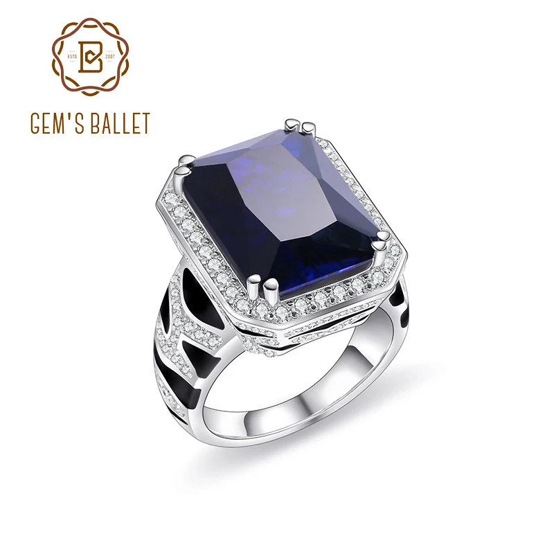 GEM'S BALLET Tiger Element Ring OCT 12x16mm lab Blue Sapphire Statement Ring in 925 Sterling Silver Gift For Her Fine Jewelry