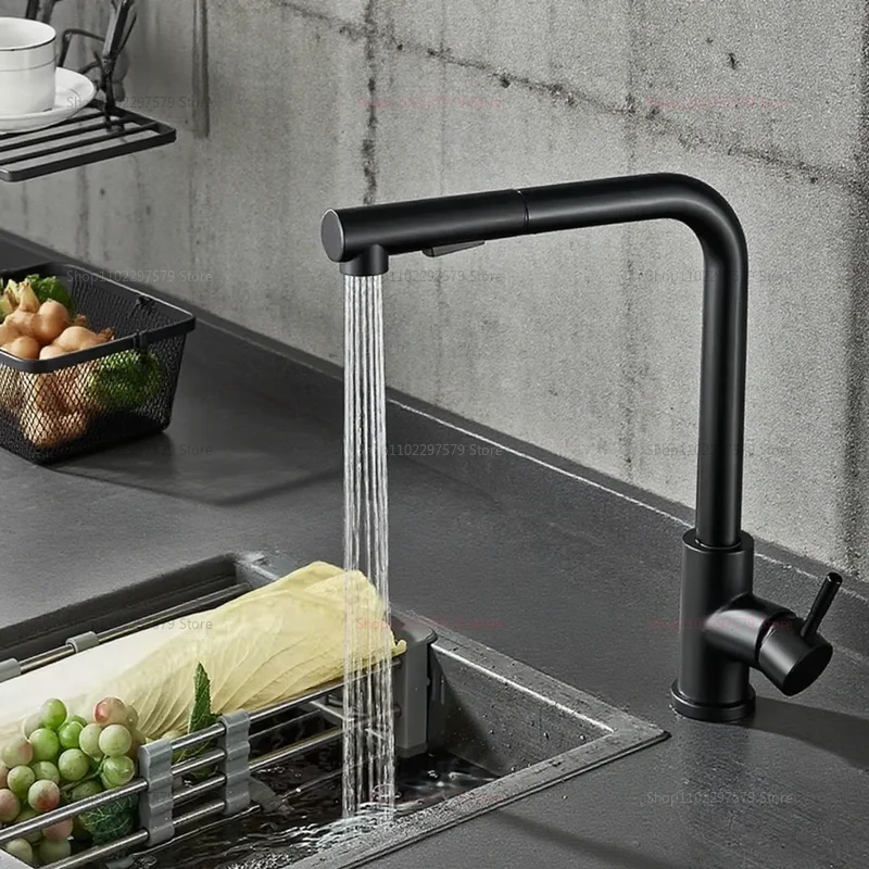 Upgraded Black Silver Pull Out Kitchen Faucet Dual Mode Telescopic Rotary Stainless Steel Hot Cold Water Faucet for Kitchen