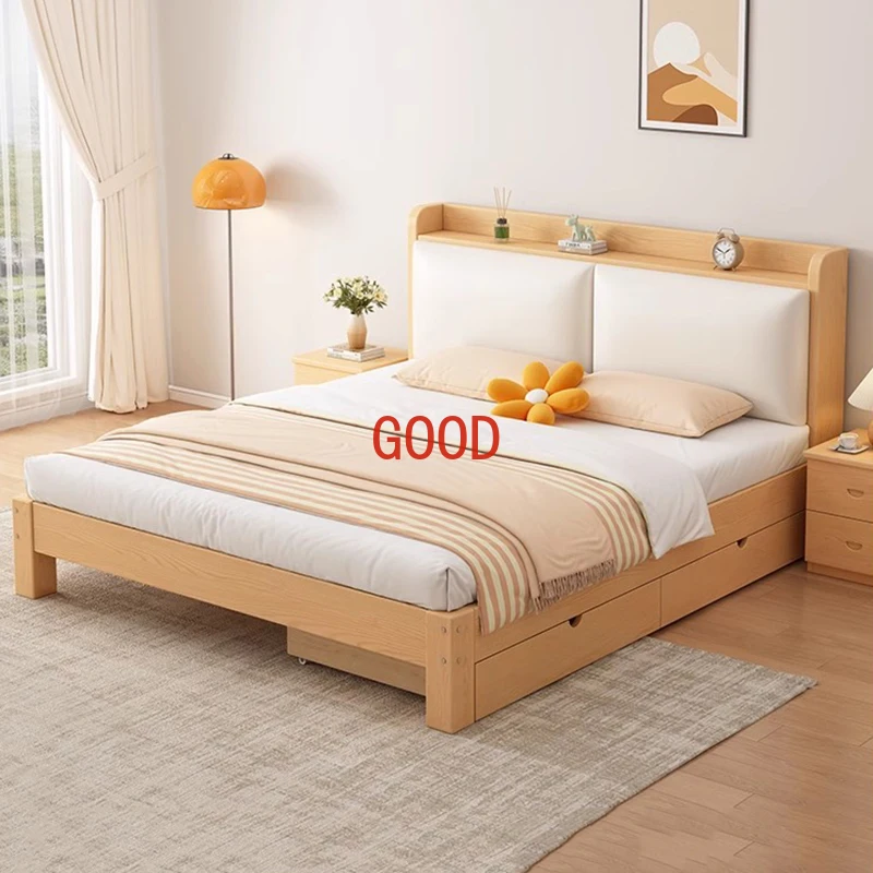 Minimalist Double Bed Modern Aesthetic Wood Queen Size Bedroom Bed Multifunctional Storage Letto Matrimoniale Home Furniture