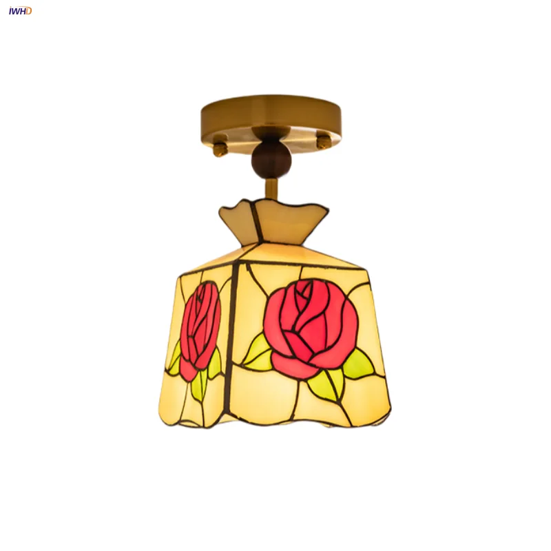 

IWHD Rose Flower LED Ceiling Light Fixture Wood Ball Copper Canopy Home Decor Kitchen Coffee Corridor Tiffany Glass Plafond Lamp