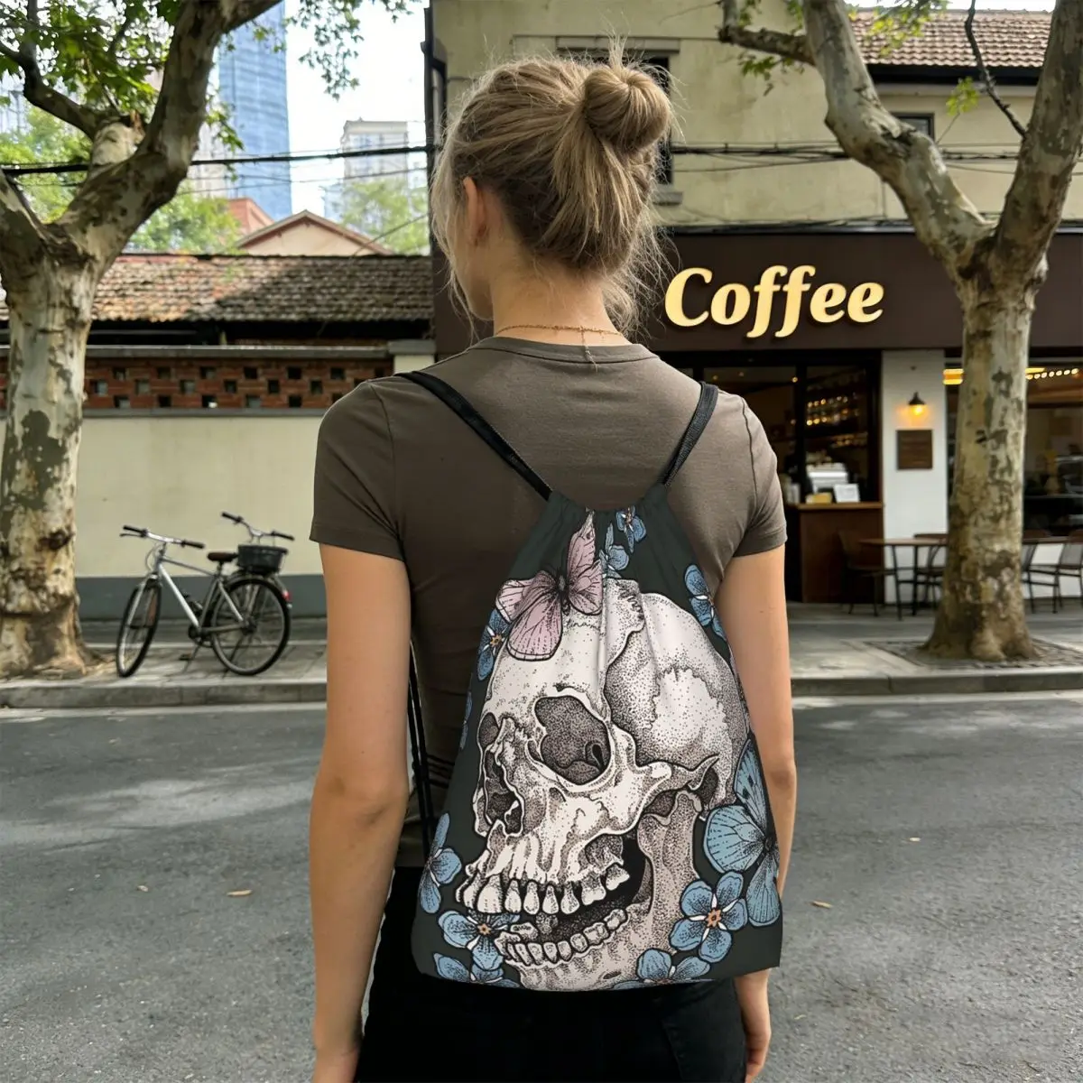 Vintage Gothic Skull Roses Backpacks Portable Drawstring Bags Sundries Bag Book Bags for Man Woman Students