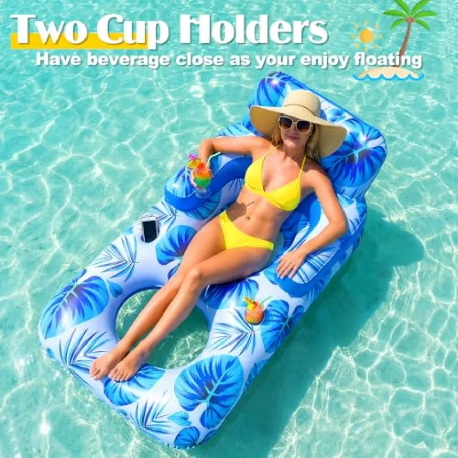 Pool Floats Adult for Outdoor Lake Beach Party, Thickened PVC, Blue, Extra Comfort with Cup Holder, Phone Holder, Headrest, Bac