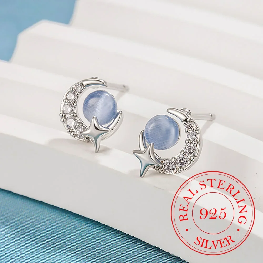 

925 Sterling Silver Crystal Moon Star Stud Earrings For Woman Wedding Engagement Fashion Charm Piercing Jewelry Aretes De Mujer