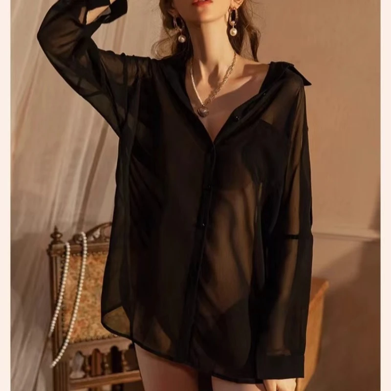 Boyfriend Shirt Sexy Lingerie Hollow Temptation Nightdress Transparent Chiffon Pajamas Sleep Tops Women Sleepwear Sleep Shirt