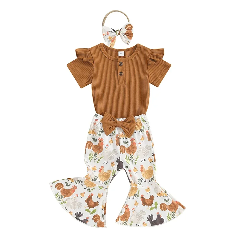 

Infant Baby Girls Spring Outfits Short Sleeve Button Front Romper + Flare Pants + Headband Set Newborn Clothes 0-18M