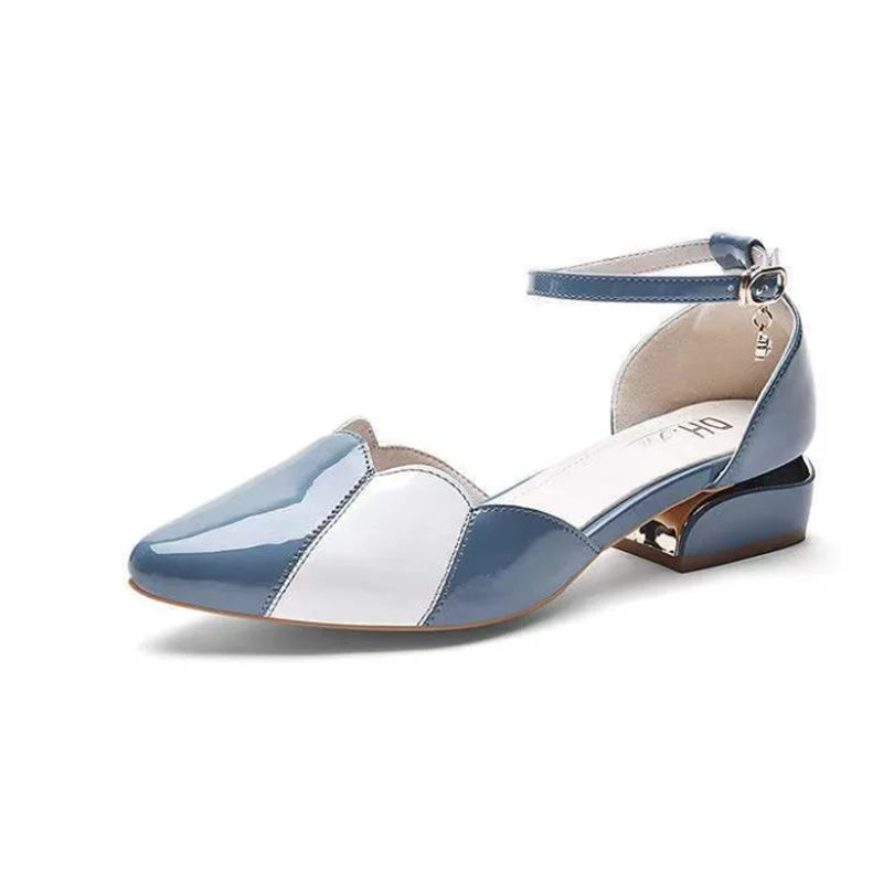 Women Cute High Quality Sky Blue Multi Color Buckle Strap Square Heel Shoes Lady Classic Beige Comfort Office Career Shoes E61