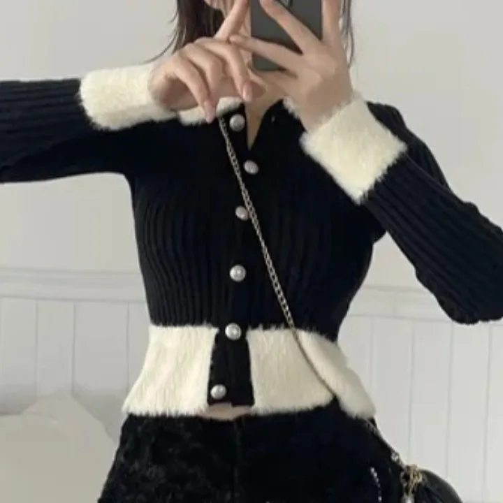 Chic Autumn Winter ort Sve Long Knitted Sweater Splice Single Button Sexy Girl Slim Fit Casual Sle Polyester Fiber