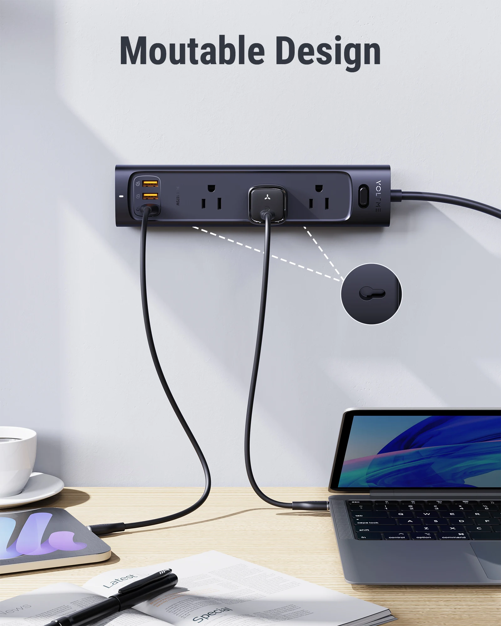 VOLTME US Plug Power Strip 18W Multitap Socket Extension Cord Electrical Power Strip With USB PD Fast Charging Network Filter