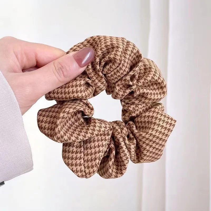 Korean Brown Color Scrunchies Lazy Style Houndstooth Simple Casual Large Hair Tie Rope Student Girls Solid Elastic Hair Bands