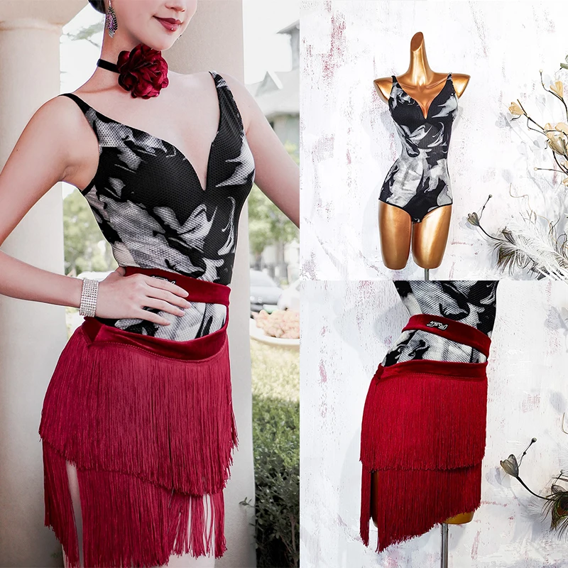 Latin Danskostuums Competitie Outfits Vrouwen Print V-hals Jumpsuit Rode Fringe Rok Dansvoorstelling Kleding Dragen DN21373