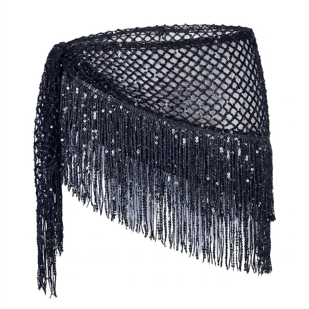 Image of Glitzer-Fransen-Dreieck-Hüfttuch für Bauchtanz, Hüftgürtel, Bauchtanz-Taillenwickel, Pailletten-Quasten-Tanz-Taillenkette