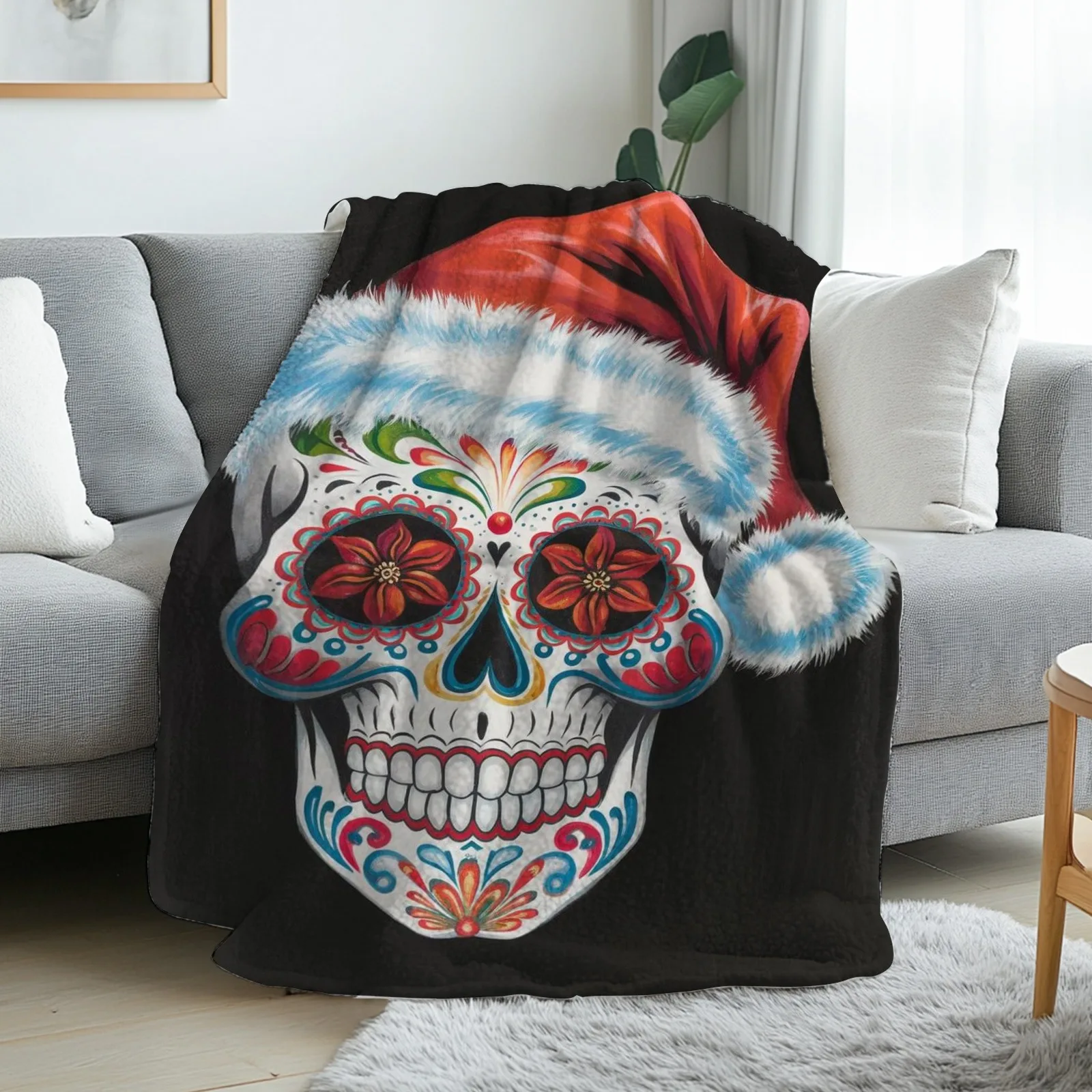 1pc Mexican Folk Art Sugar Skull with Santa Hat Flannel Blanket - Soft Warm 280gsm All-Season Bedspread, Colorful Day of the Dead & Christmas Design for Bed, Couch, Office - Multicolor (Red, Green, Blue, Pink) Home Decor, Christmas Decorations, Christmas