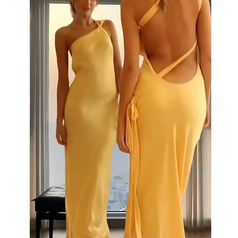 Vestido largo de satén Sexy para mujer, Vestidos de fiesta para discoteca, verano 2021, sin mangas, sin espalda, con cordones, sirena