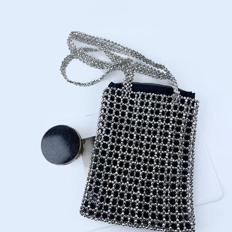 

Fashion Silver Acrylic Beaded Shoulder Bag Retro Hollow Out Hand Woven Handbag Women Party Wedding Underarm Bag Bolsa Feminina