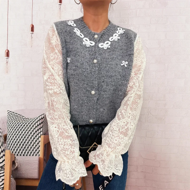 Autumn and Winter Elegant Commuting Lace Sleeve Spliced Bow Knitted Button Sweater Cardigan