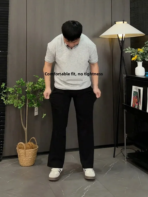 Slimming Black Curved Knife Jeans Elastic plus Size Straight Leg Micro Flared Trousers for Plump Men Casual Wear Cotton Polye...