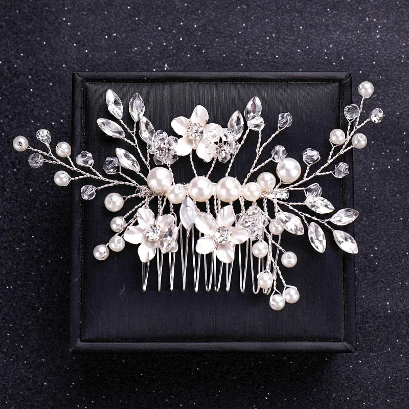 Trendy wedding flower hair accessories Handmade silver pearl hair comb tiara rhinestone bride headdress bridal hair ornaments image 5