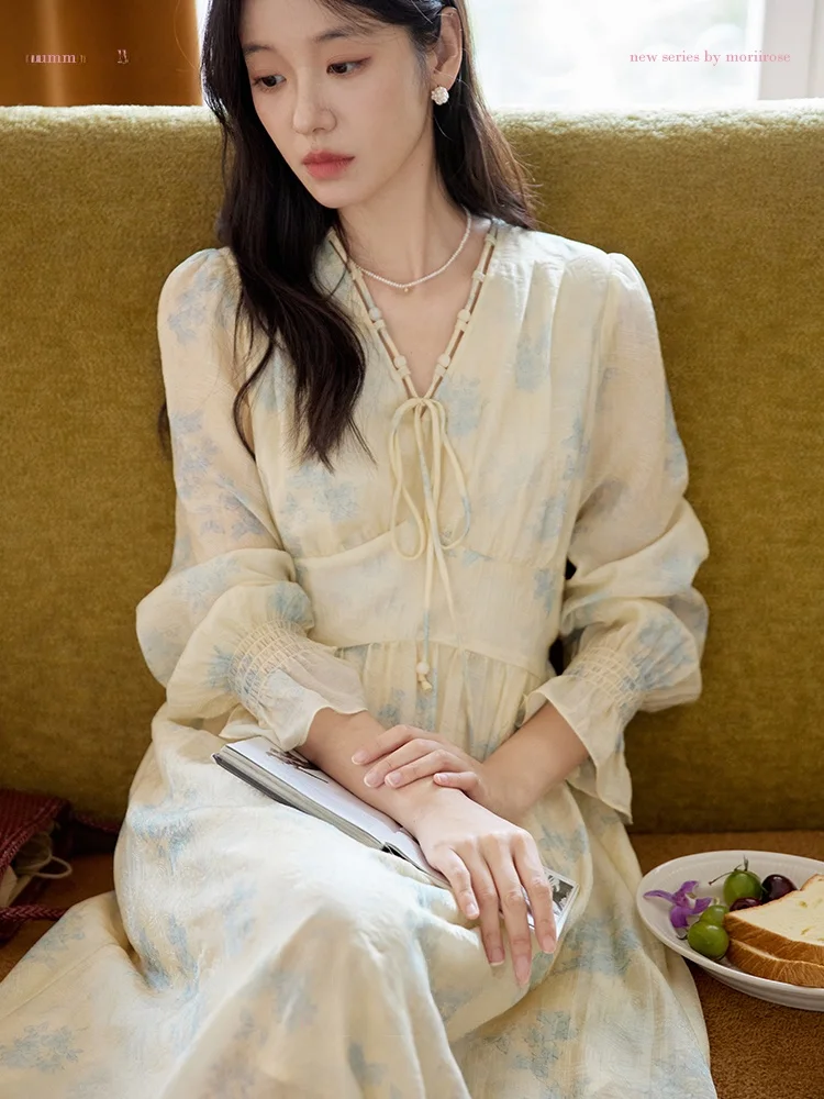 

Moriirose Yellow Print V-Ne Long Sve Dr Women's Autumn Retro High Waist Slimming Midi Dr Button Detailing A-Line S...