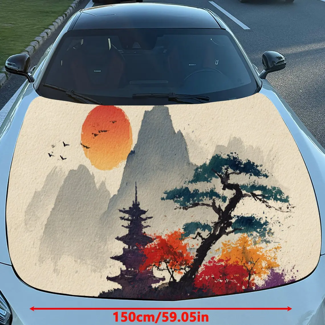 Dynamic Chinese Landscape Painting PVC Car Engine Hood Vinyl Wraps, Self-Adhesive Waterproof Car Hood Decal Sticker, Car Decorat