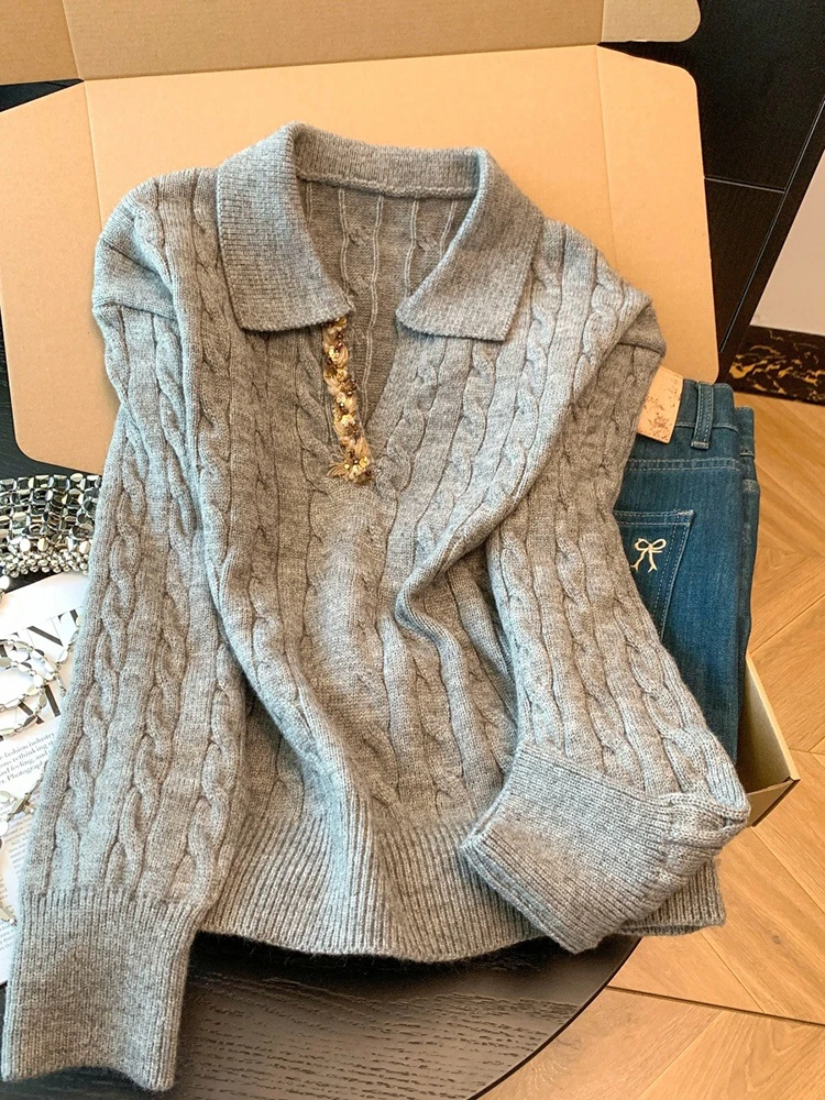 سترة نسائية ذات ياقة بولو بتصميم خريفي وشتوي جديد سميك من العجين المقلي بلوفر مخطط بنمط كسول #3