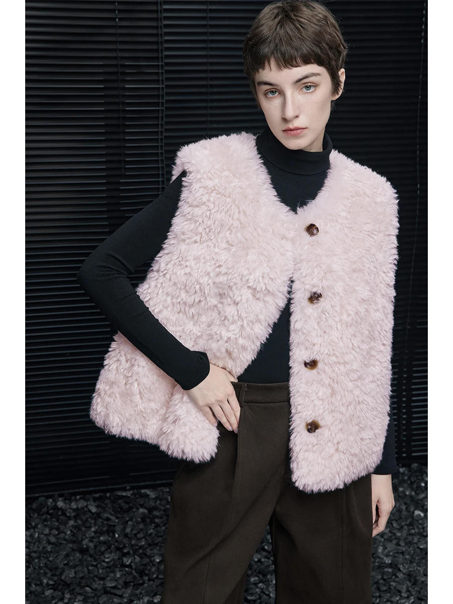 

Розовый жилет из меха ягненка, женская круглая верхняя одежда Ne Street Sle, зимнее пальто из полиэстера, Thiened DMC264004