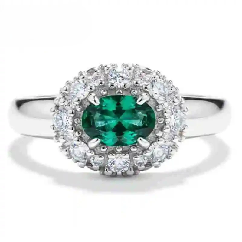 925 Sterling Silver Oval Cut 4*6 MM Emerald High Carbon Diamonds Gemstone Wedding Band Engagement Ring Fine Jewelry