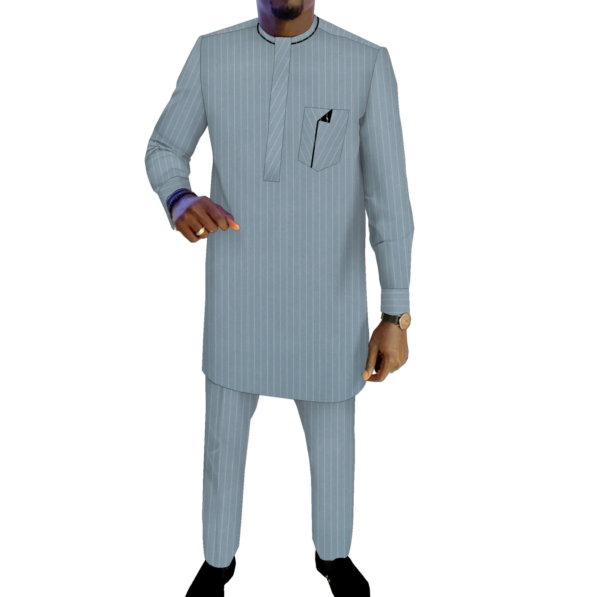African Men's Striped Suit Dashiki Shirt and Pants African Print Clothing Patchwork Plus Size Men Suit WYNT117