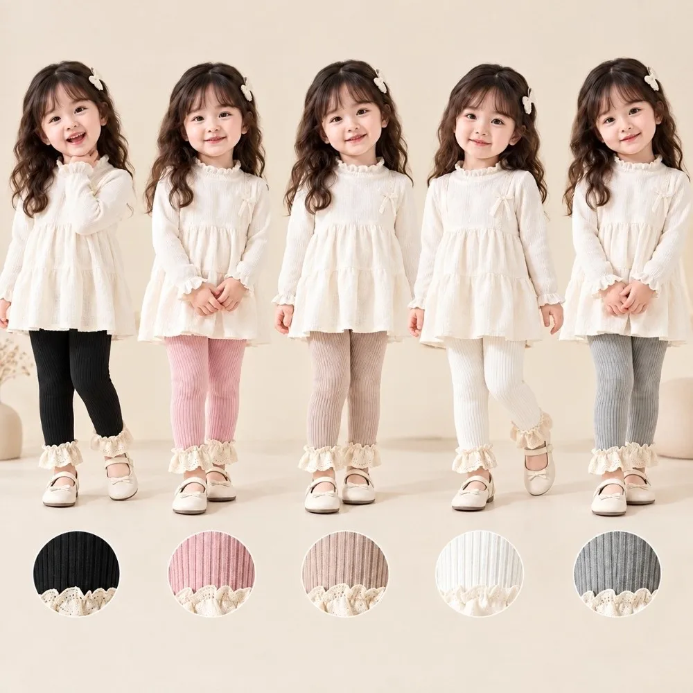 Fashion Fleece Lined Seamless Footless Tights High Waist Lace Trim Elastic Leggings Warm Leggings For Girls