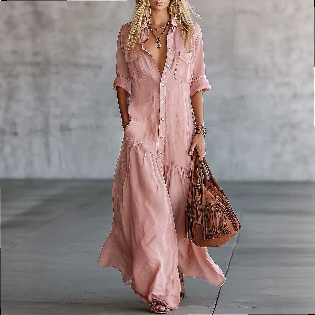 Shirt Dress with Button Front and Patch Pockets, Spring Summer Blouse Top Dresses, Matching Set